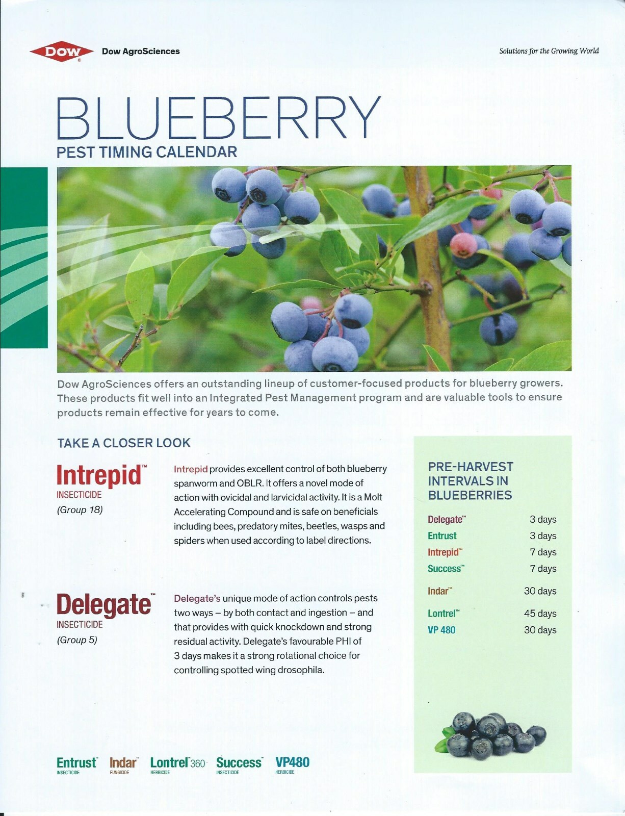 Farm Insecticide Brochure – Dow – Blueberry Pest Timing Calendar – c2016 (F7153)
