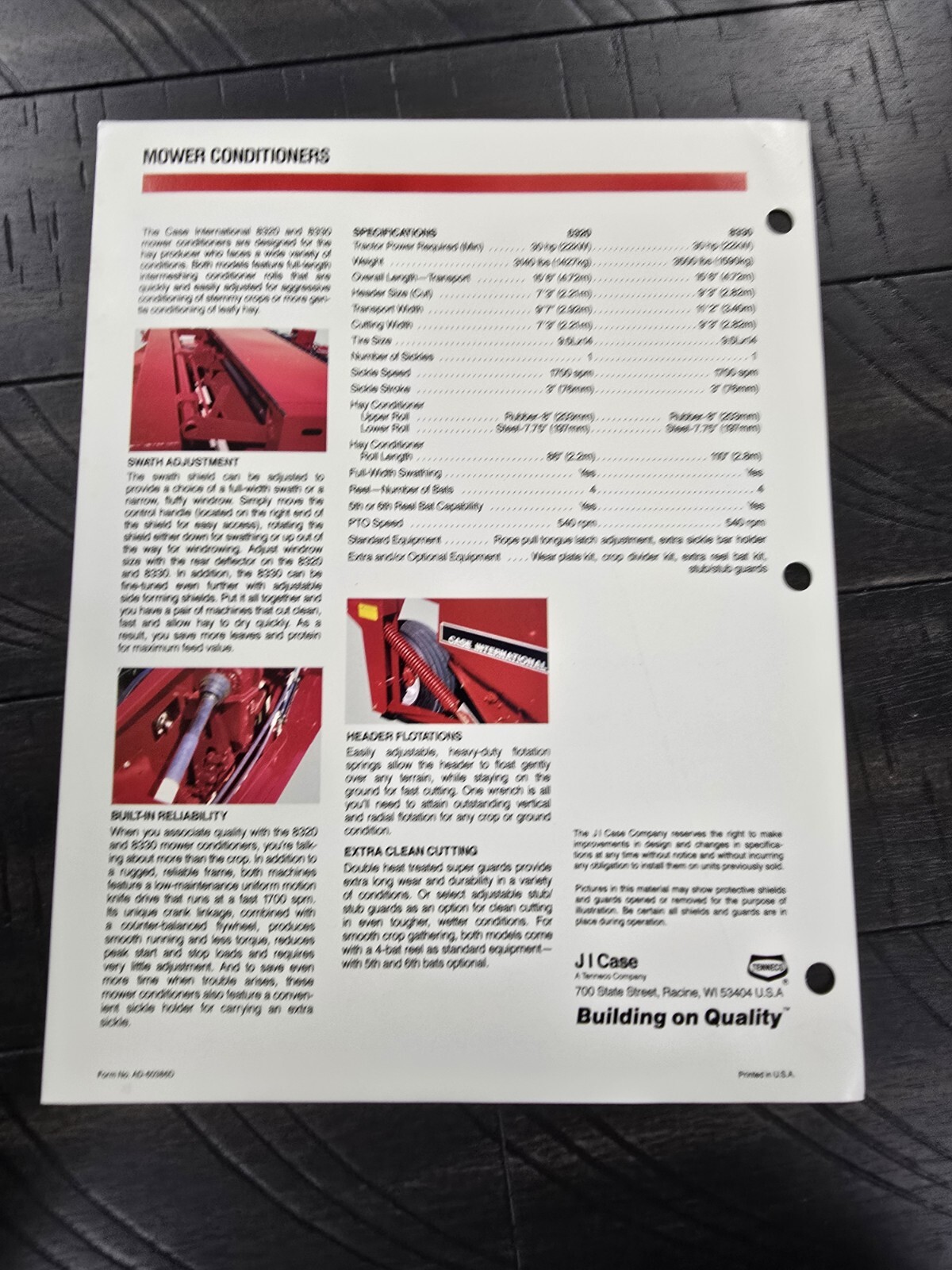 1990s 8320 Mower Conditioners Dealer Spec Sheet Case IH International Harvester