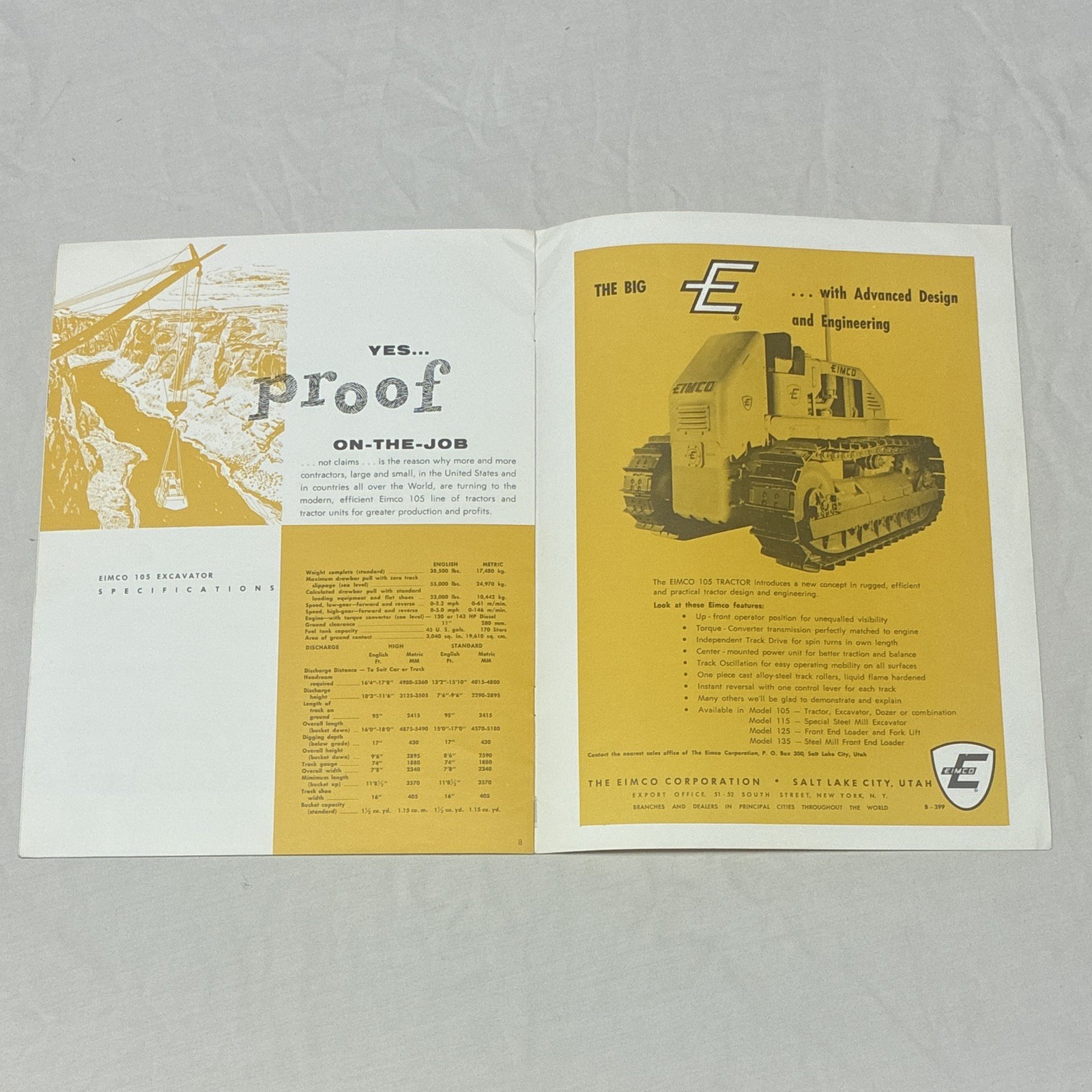 EIMCO 105 Excavator « Proof On-The-Job » Original Advertising Brochure 1959