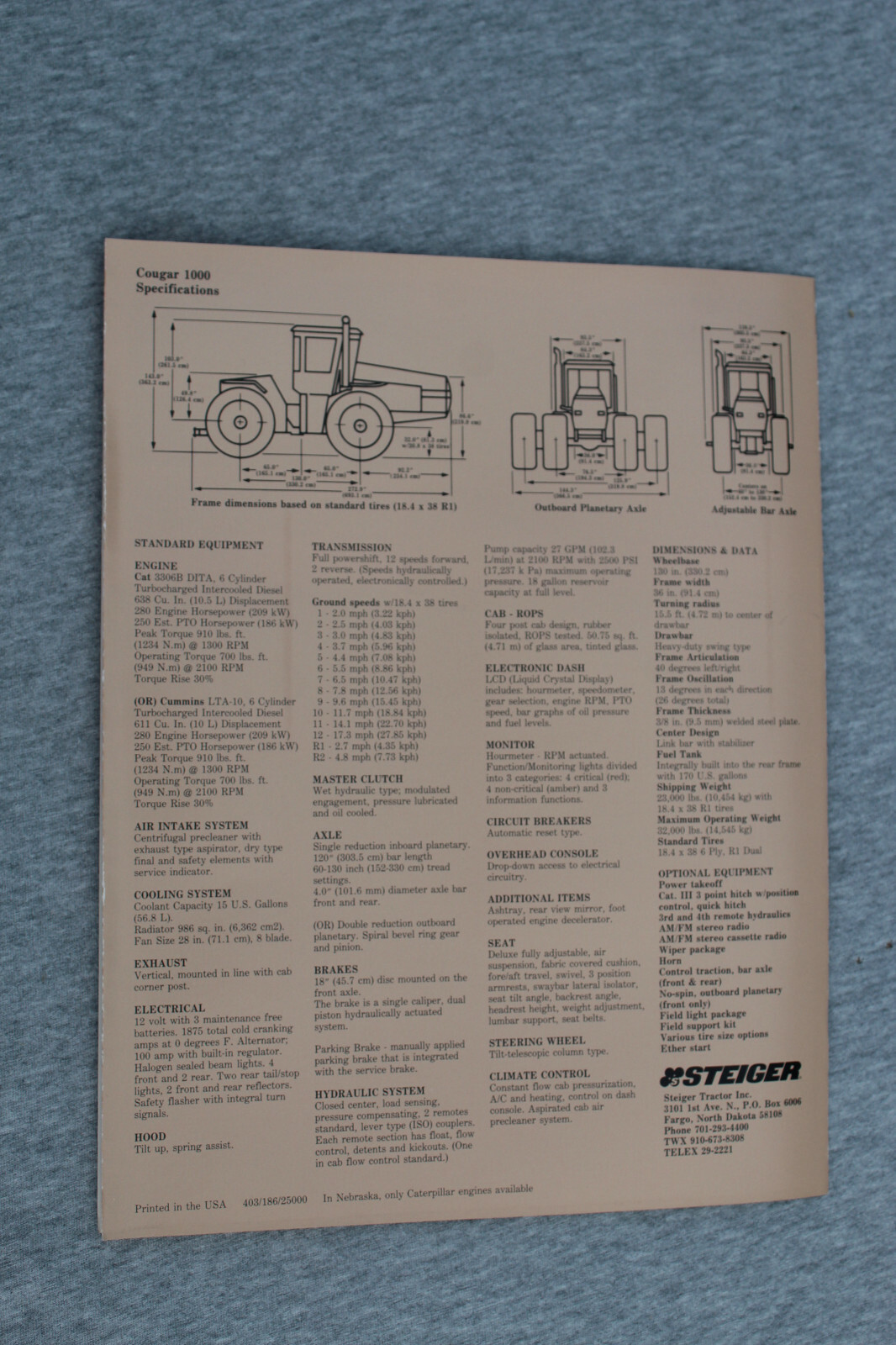 Steiger Cougar 1000 4WD tractor original sales brochure #403/186/25000