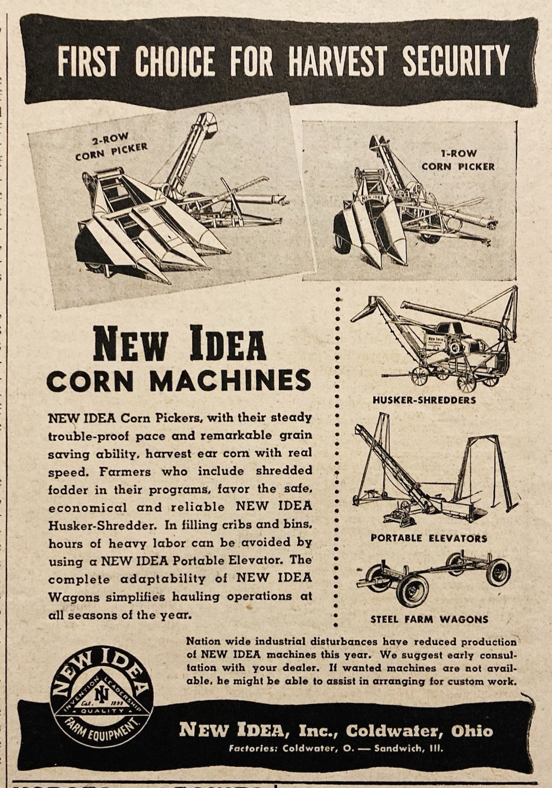 1946 AD.(PC9)~NEW IDEA, COLDWATER, OHIO. NEW IDEA CORN MACHINES