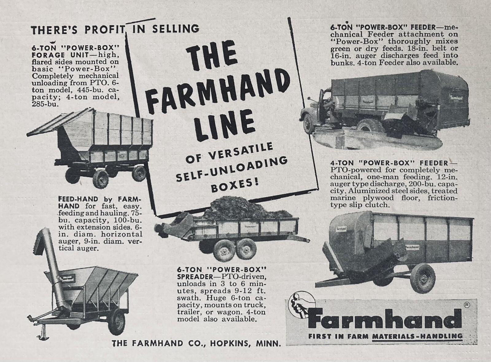 1958 AD.(XH67)~FARMHAND CO. HOPKINS, MINN. FARMHAND SELF-UNLOADING BOXES