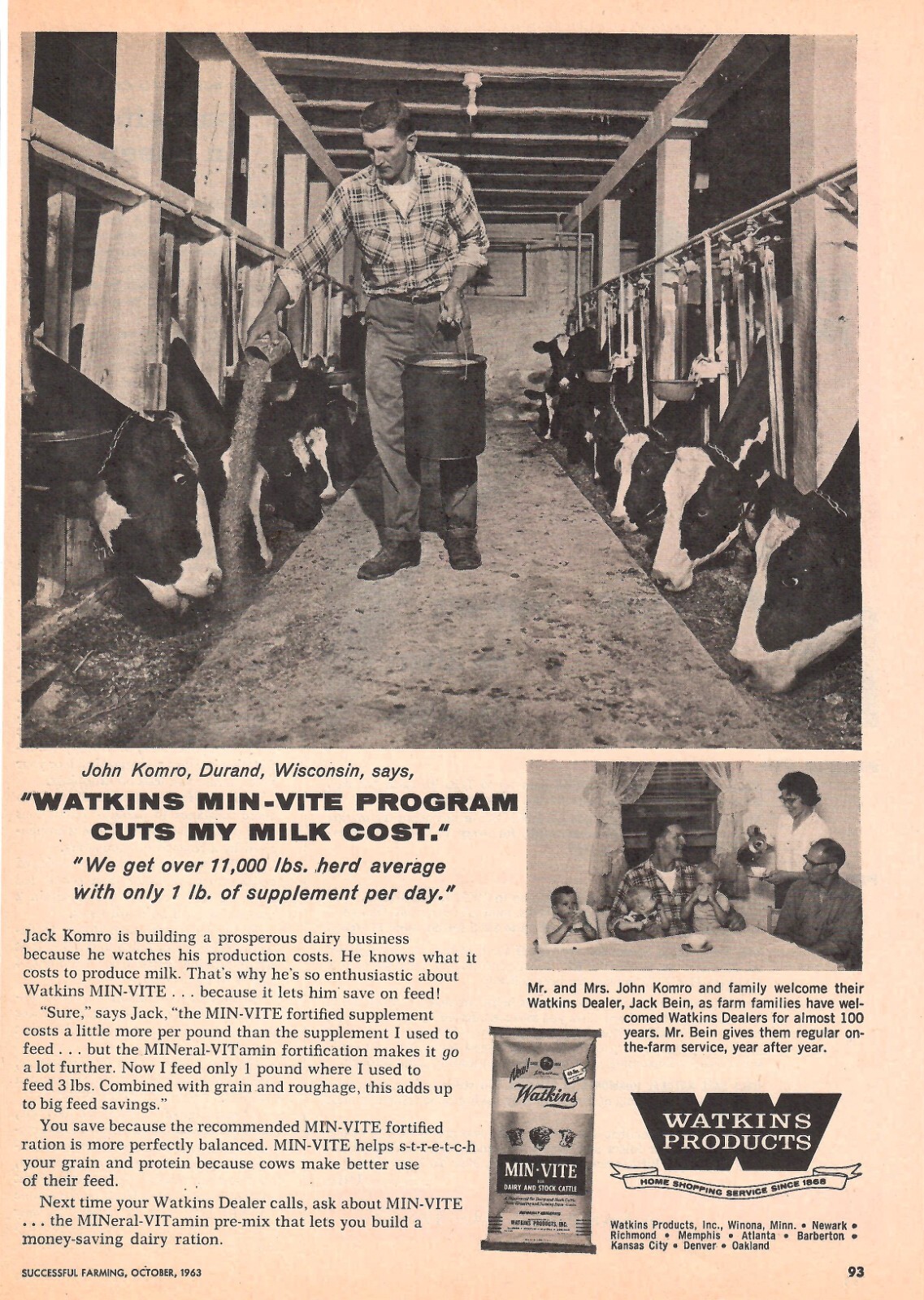 VINTAGE 1963 WATKINS MIN VITE COWS DAIRY FARMING PRINT AD