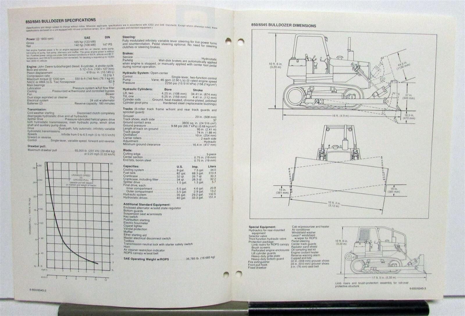 1981 John Deere 850/6545 Bulldozer Specifications Construction Sales Brochure