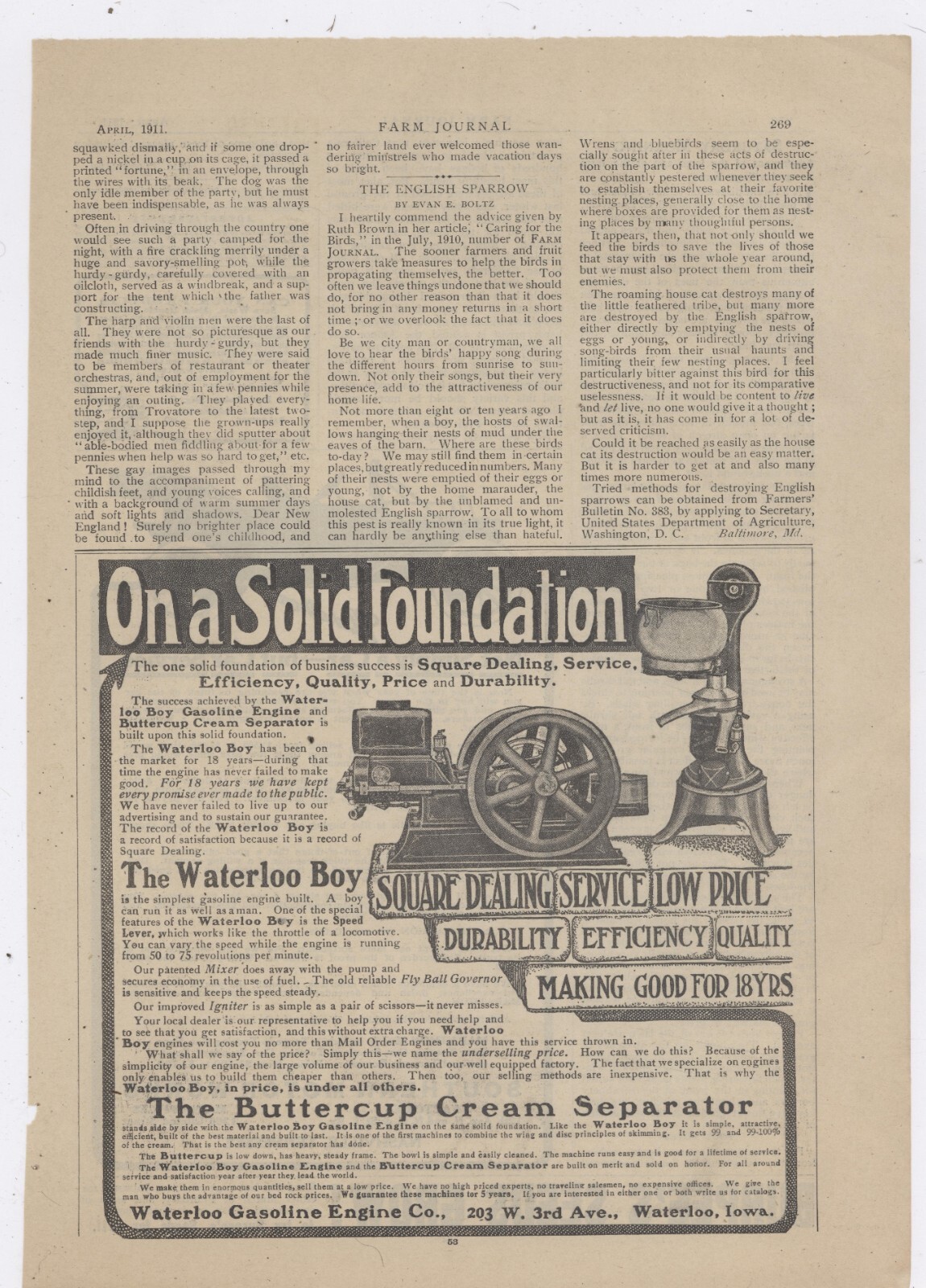 1911 Waterloo Gasoline Engine Co. Ad: Waterloo Boy & Buttercup Separator Pics