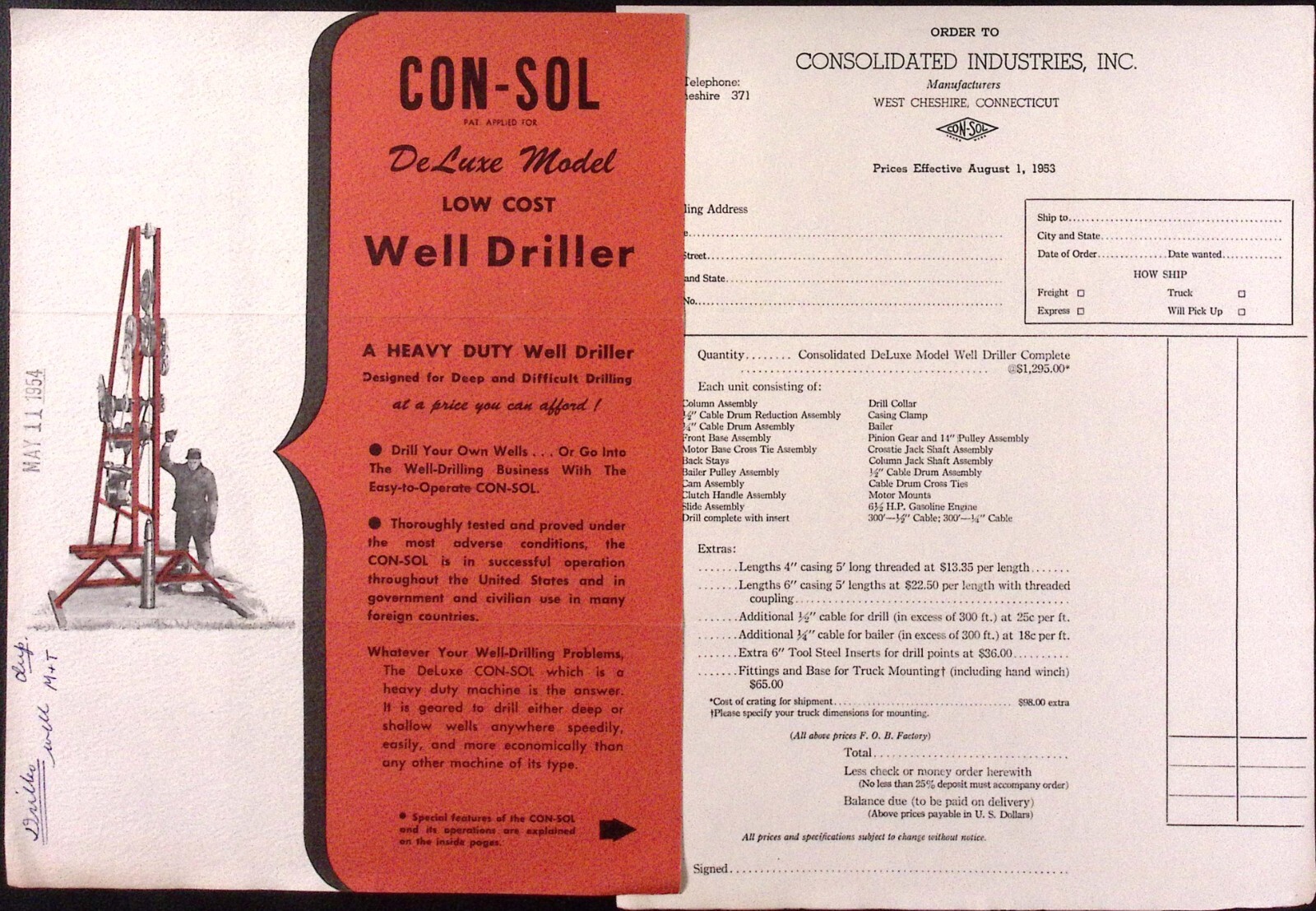 1954 Con-Sol Se Luxe Model Low Cost Well Driller Warner Danby Co New York City