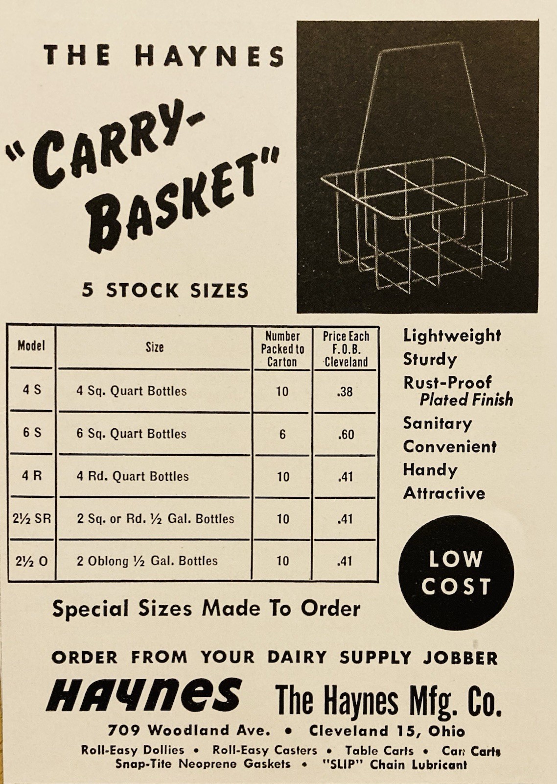 1953 AD.(PC10)~HAYNES MFG. CO. CLEVELAND, OHIO. MILK “CARRY-BASKET”