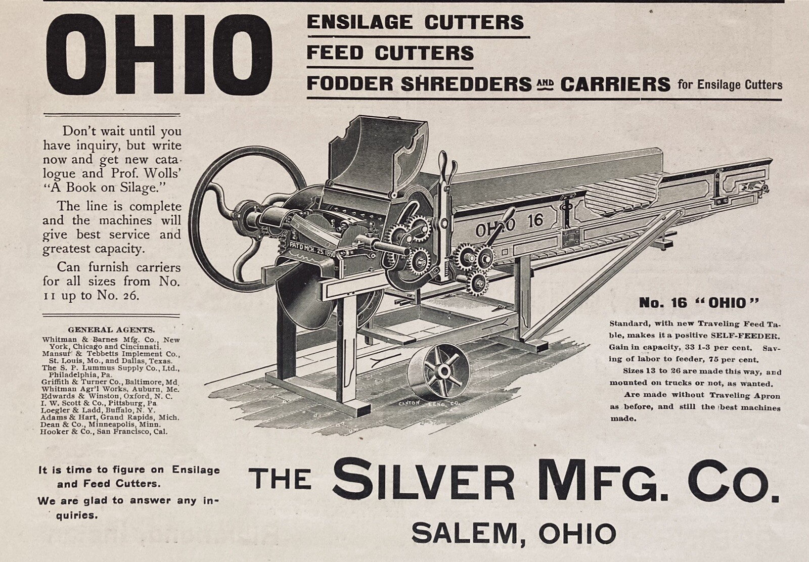 1898 AD.(XH24)~SILVER MFG. CO. SALEM, O. OHIO NO.16 TRAVELING ENSILAGE CUTTER