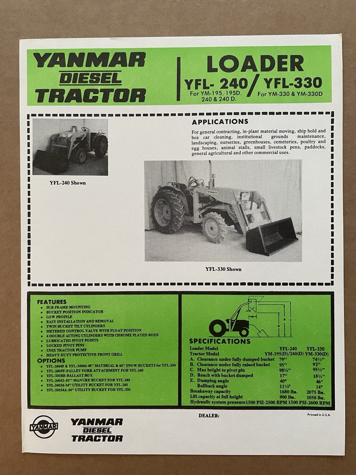 Vintage YANMAR DIESEL ENGINE Cut-Out Brochure Japan LOADER YFL-240 330 uncut #5