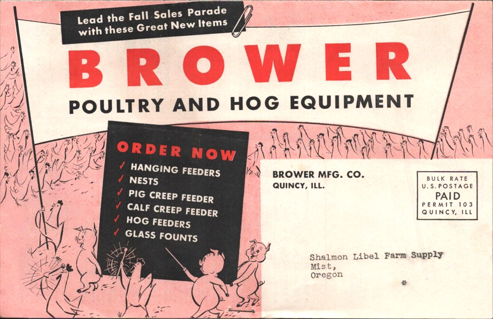 1957 BROWER POULTRY AND HOG EQUIPMENT vintage farming catalog QUINCY, ILLINOIS