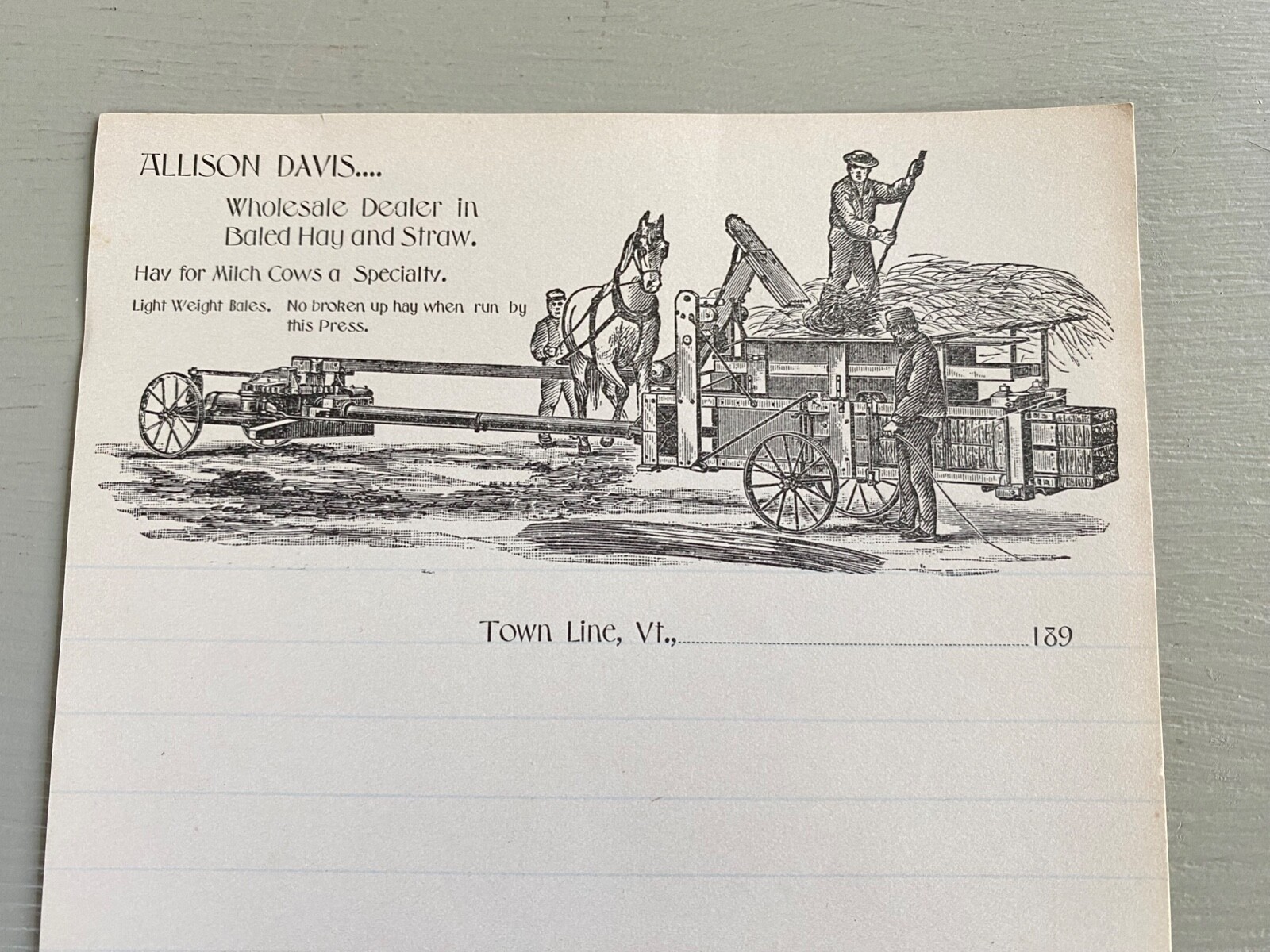 Vintage Letterhead Wholesale Dealer in Hay Straw Town Line VT Farm Ag 1890s