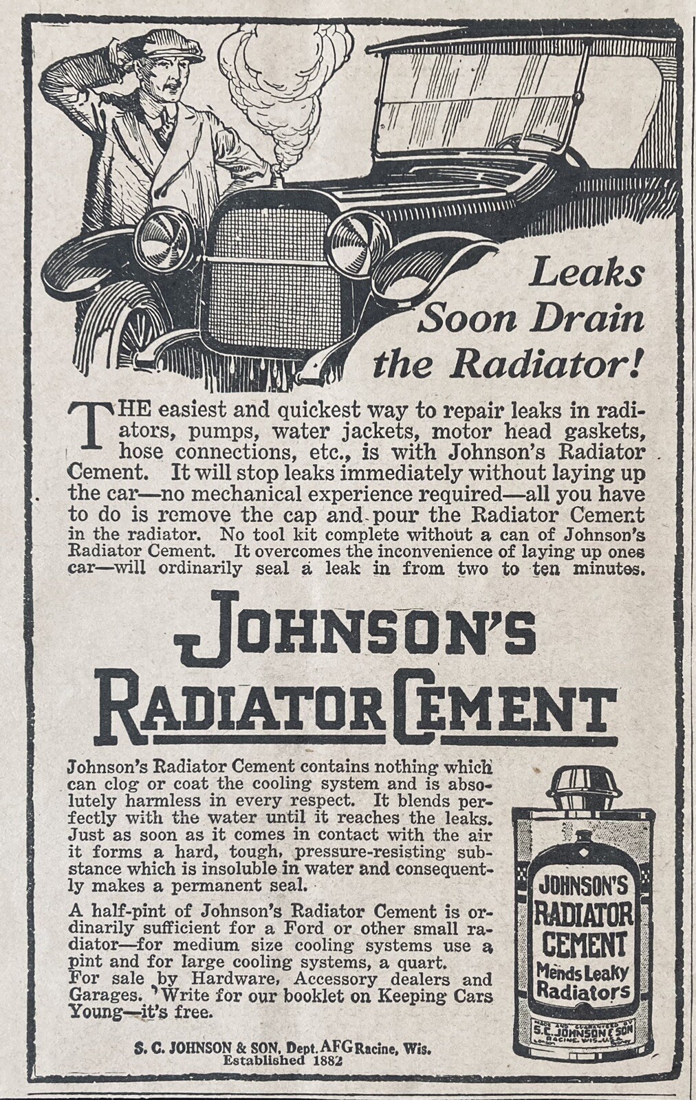 1919 AD.(XH67)~S.C. JOHNSON CO. RACINE, WIS. JOHNSON’S RADIATOR CEMENT