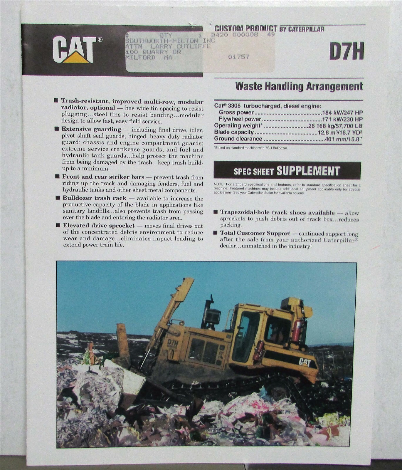 1994 Caterpillar D7H Waste Handling Construction Specs Sales Brochure