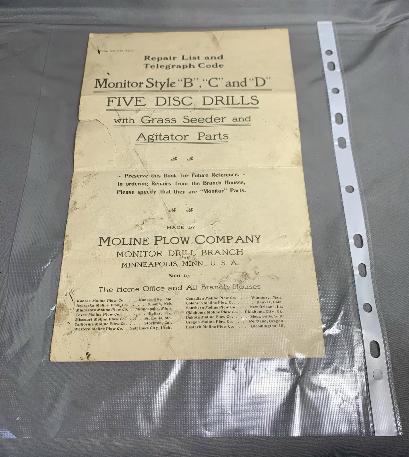 Moline Plow Company Monitor Style « B », « C » and « D » Five Disc Drills Repair List