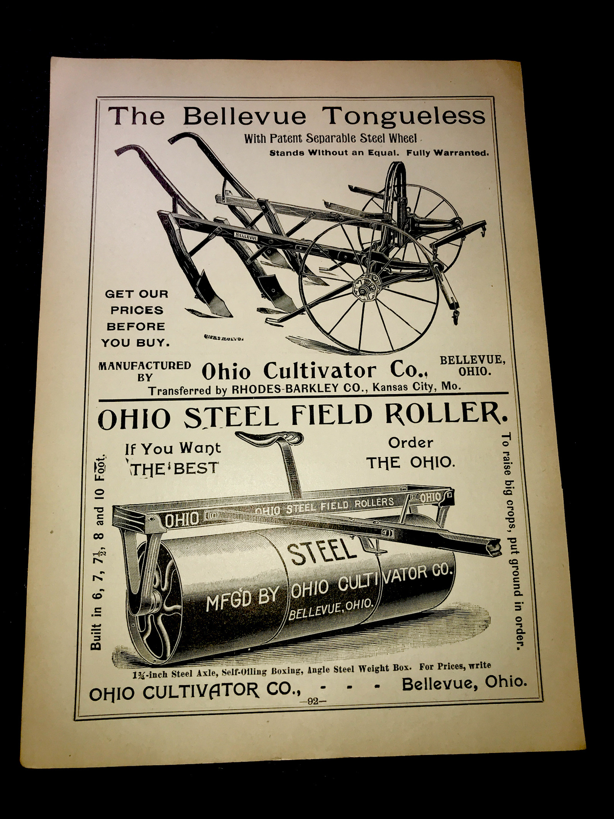 1898 Ohio Cultivator Co Farm Advertising – Bellevue – Ohio & Kansas City MO