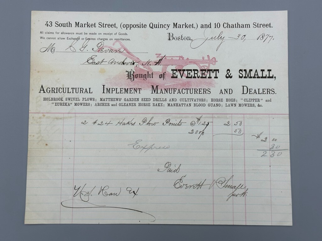 1877 Everett & Small FARM PLOW Advertising Billhead Antique BOSTON