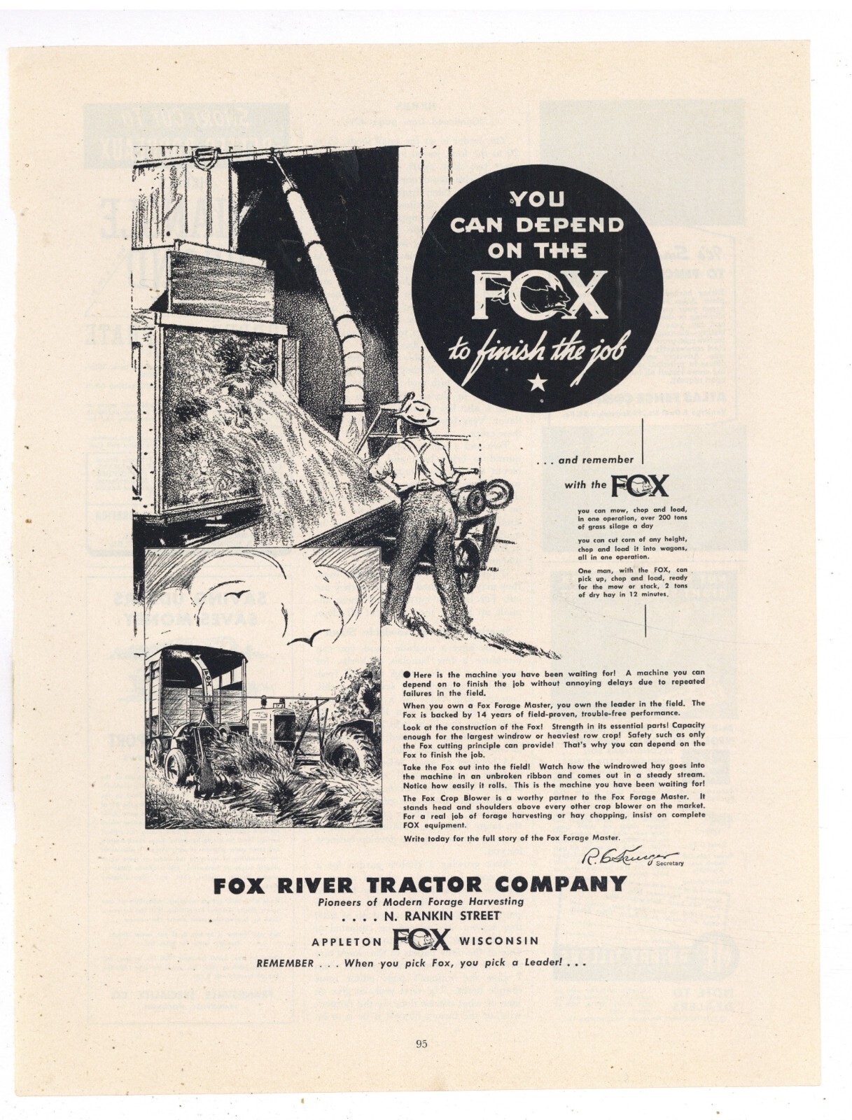 1949 Fox River Tractor Co. Ad: Fox Forage Master, Crop Blower – Appleton WI