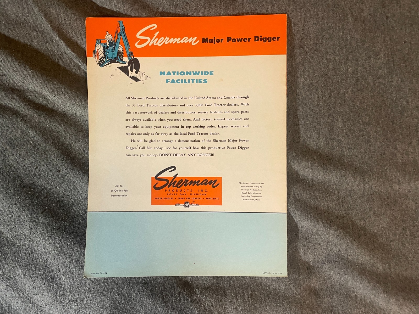 1950&rsquo;s Sherman Products Major Powder Digger Tractor Brochure Fordson Major
