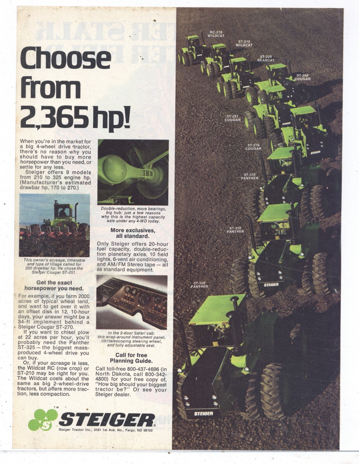 1977 Steiger Tractors of Fargo North Dakota Ad: Cougar, Wildcat, Bearcat Panther