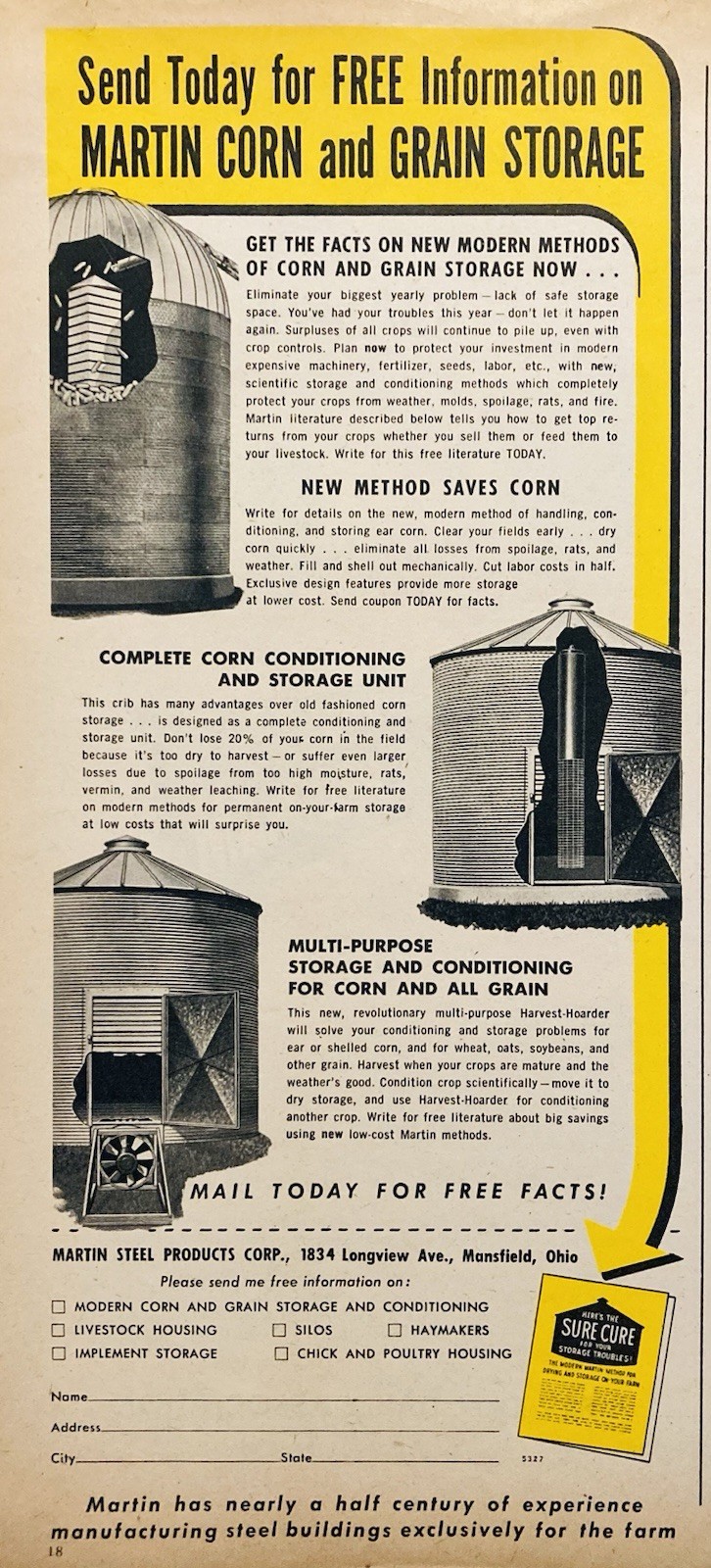 1953 AD.(XH87)~MARTIN STEEL PRODUCTS CO. MANSFIELD, OHIO. CORN & GRAIN STORAGE