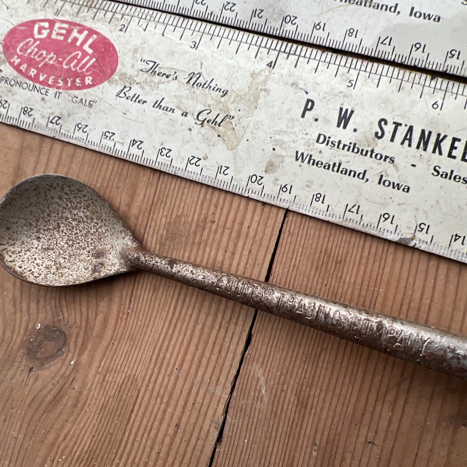 Advertising Wheatland, IA Gehl Hammer Mill Ruler Stanley Co Equity Trading Spoon