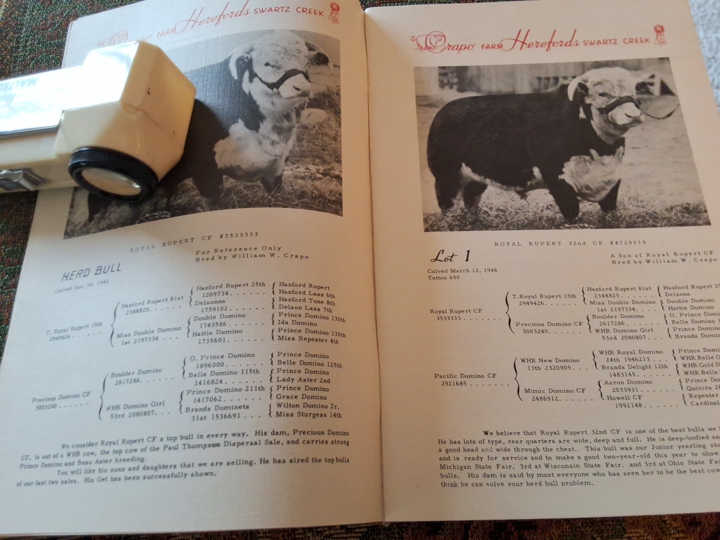 Pair 2 Vintage Crapo Farm Herefords Auction Sale Catalogs Swartz Creek Michigan
