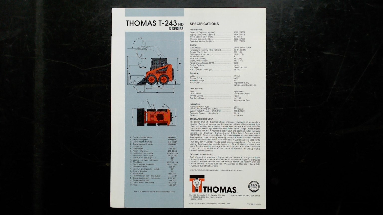 Thomas T-243 HD &lsquo;S&rsquo; Series Agricultural Brochure Vintage Loader Specs