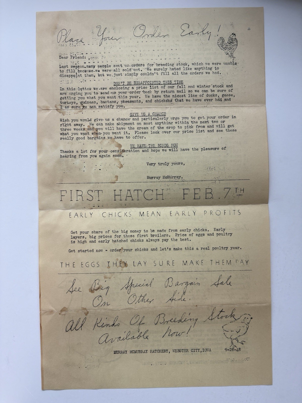 Vintage 1948 Murray McMurray Hatchery Webster City Iowa Chicks Stock Advert Lot