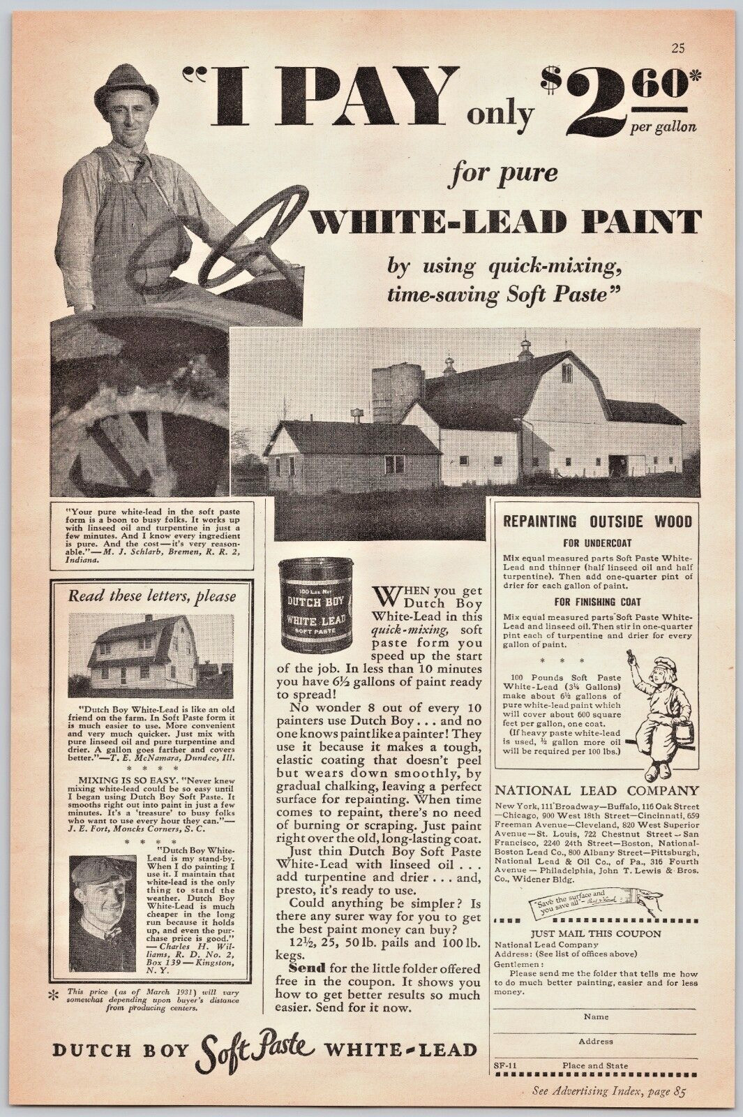 1931 DUTCH BOY Soft Paste White-Lead Paint Farmer Farm House Vintage Print Ad