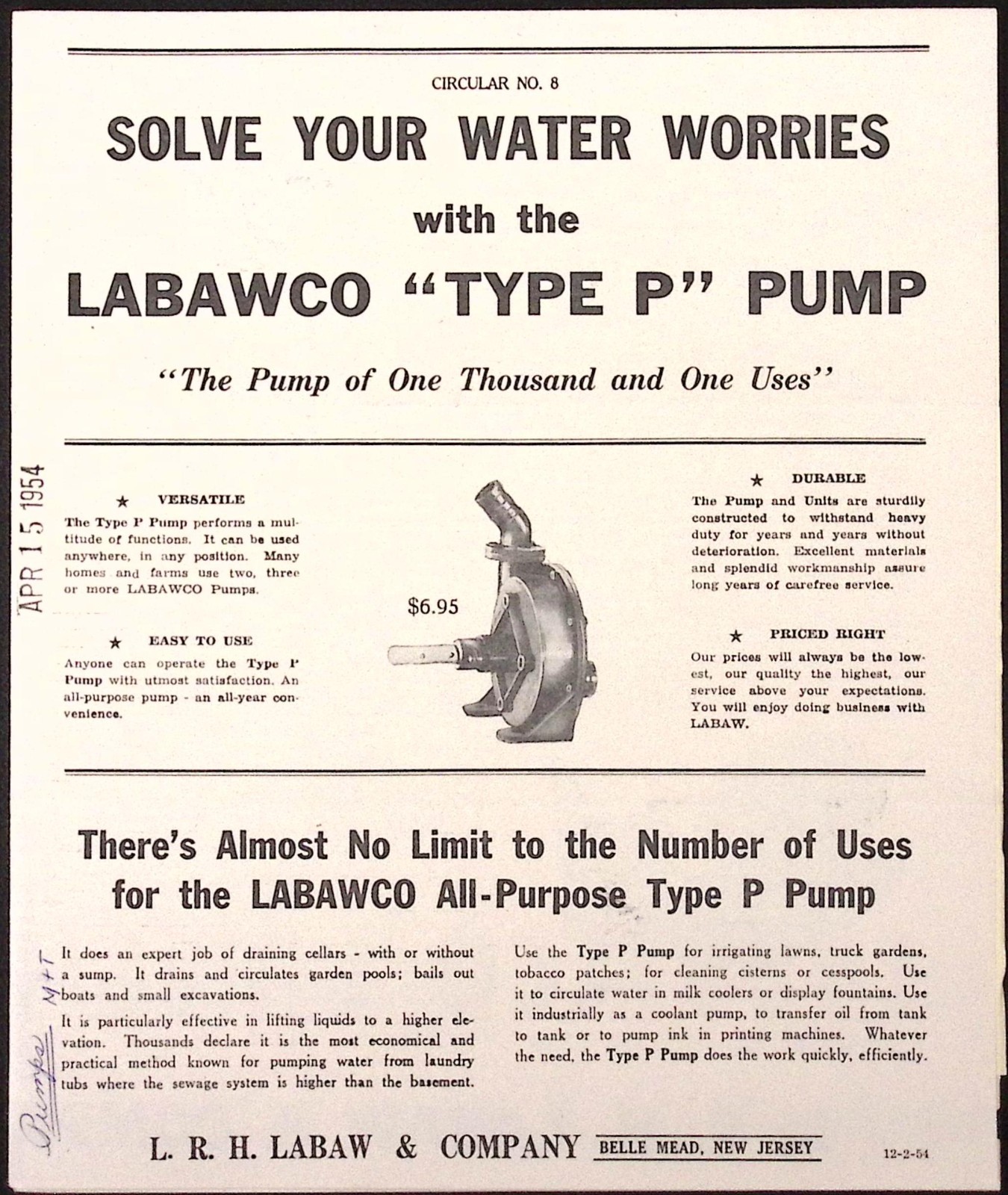1954 Labawco Type P Pump Brochure L.R.H. Labaw & Co Belle Mead NJ