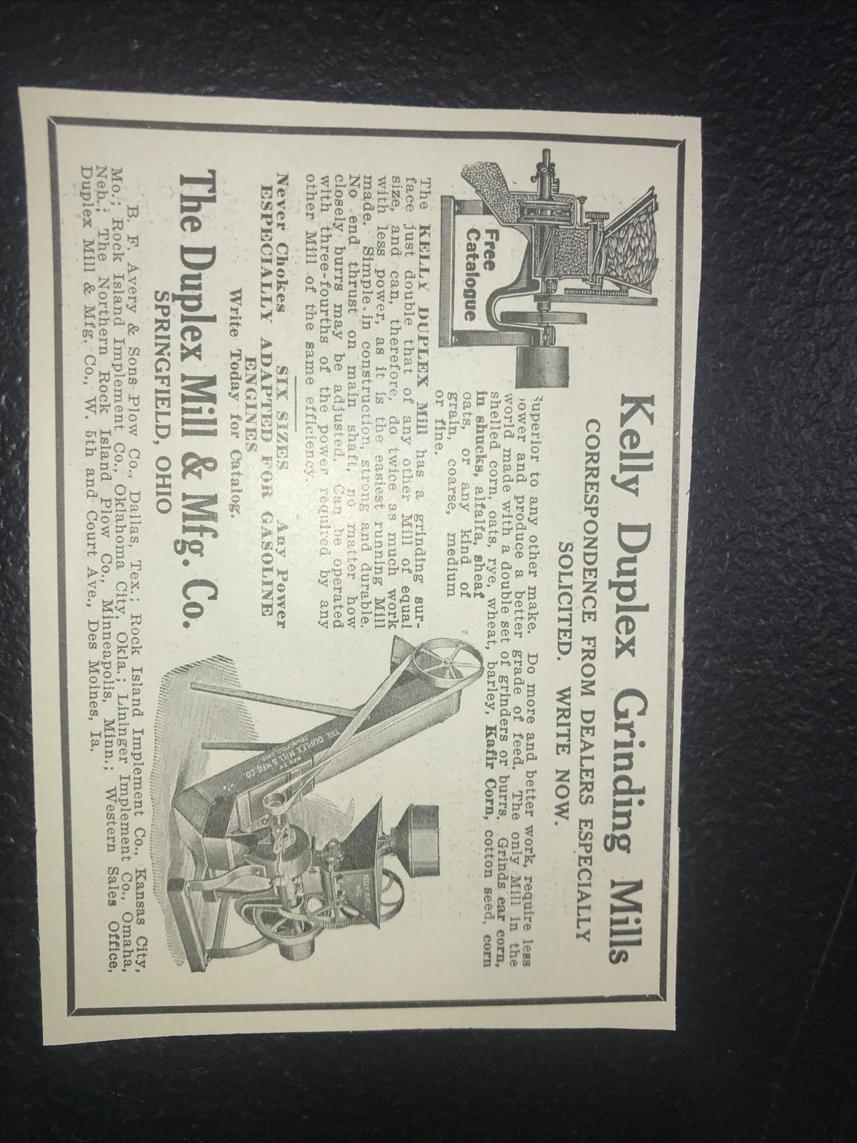 1916 Kelly Duplex Mill Grinding Mills Farm Advertising – Springfield – Ohio