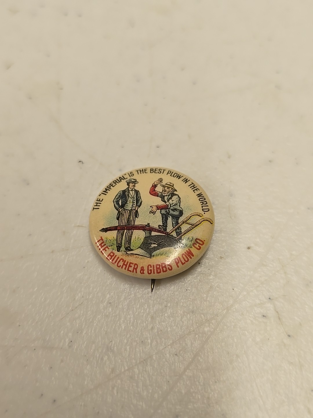 Antique 7/8&Prime; Bucher & Gibbs Imperial Plow Advertising Celluloid Pinback