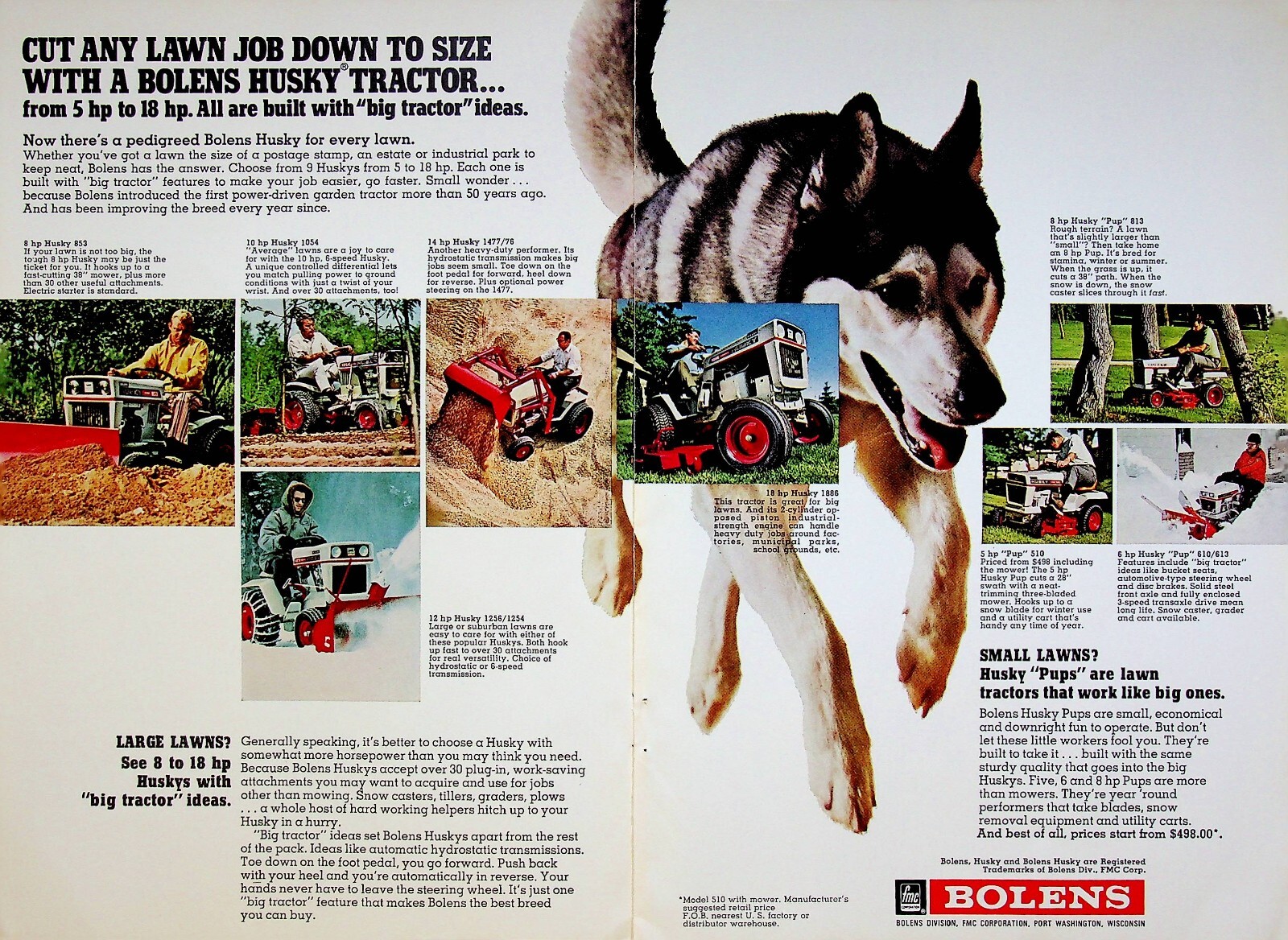 1971 Bolens Tractors Vintage 1970s Print Ad Husky Dog Lawn Equipment Wisconsin
