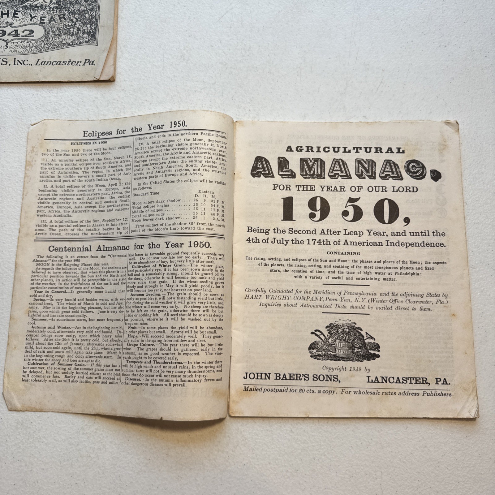 Vintage 1942 & 1950 John Baer’s Sons Agricultural Almanac Lancaster, PA