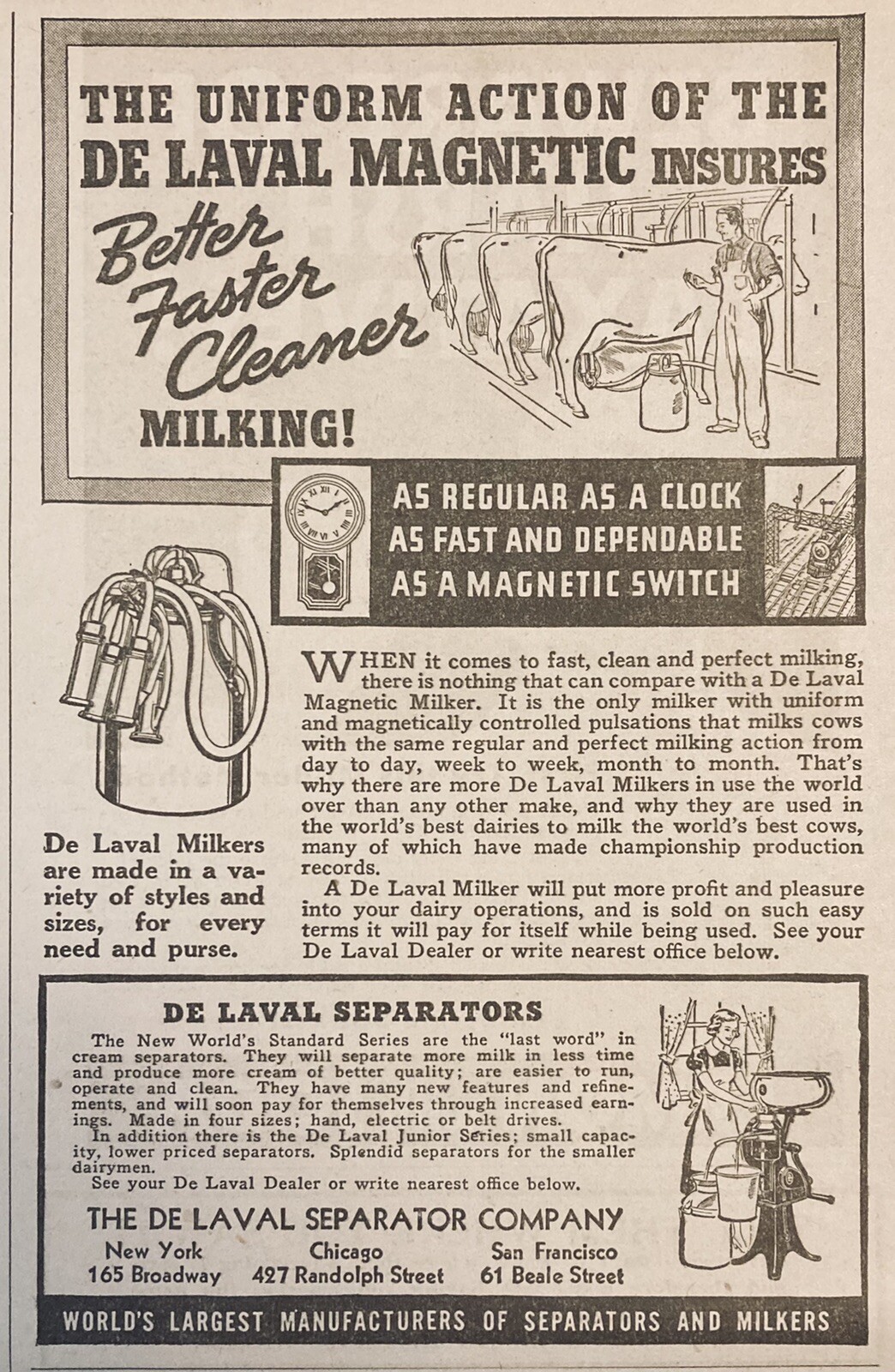 1938 AD.(XH15)~DE LAVAL SEPARATOR CO. CHICAGO. DE LAVAL MAGNETIC MILKERS