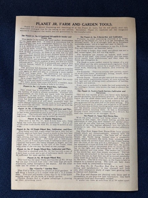 Original Planet Jr Farm Equipment Single Page Flyer Hoe Cultivator Plow