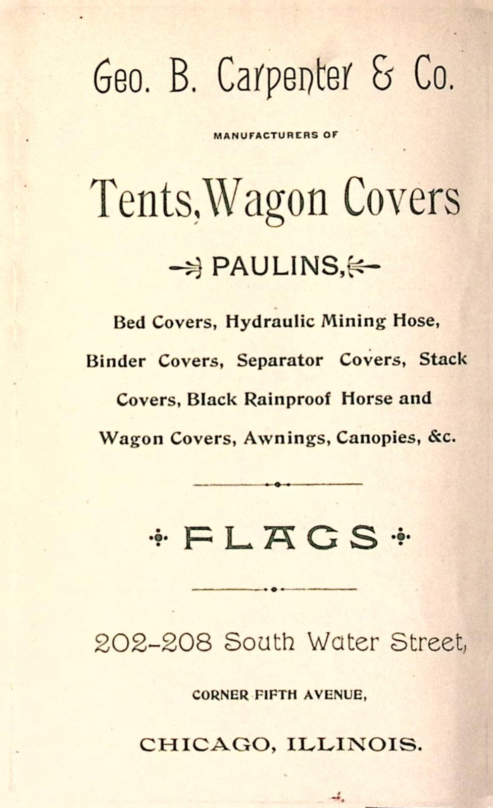 1893 Geo B Carpenter & Co Stack Covers Tent Paulins Flags Price List CHICAGO