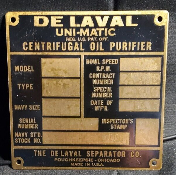 Old Metal Sign Emblem De Laval Uni-Matic Centrifugal Oil Purifier Separator