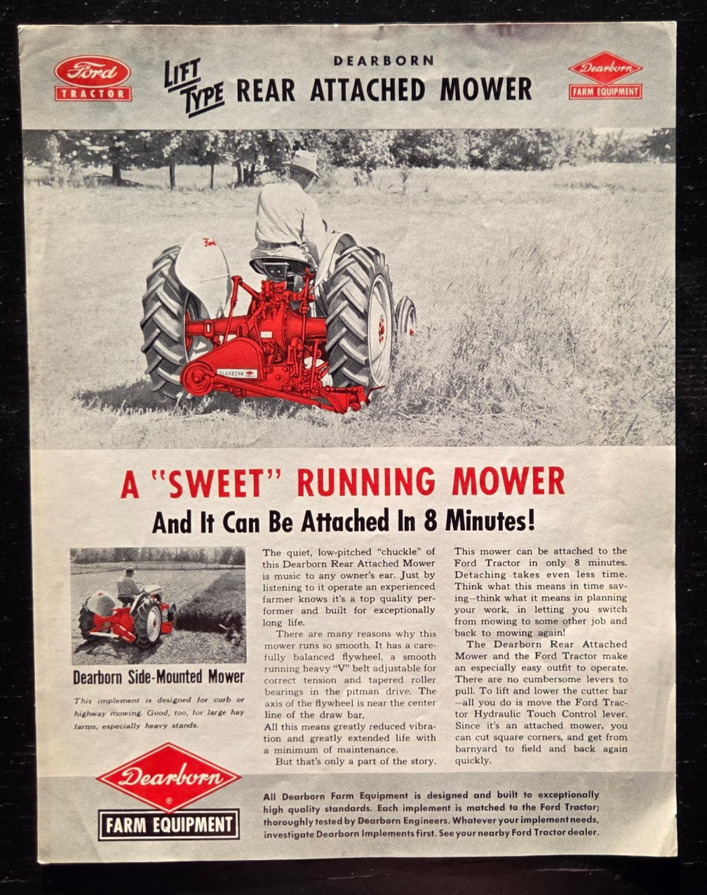 1950 FORD TRACTOR DEARBORN FARM EQUIPMENT LIFT TYPE REAR MOWER SALES SPEC SHEET