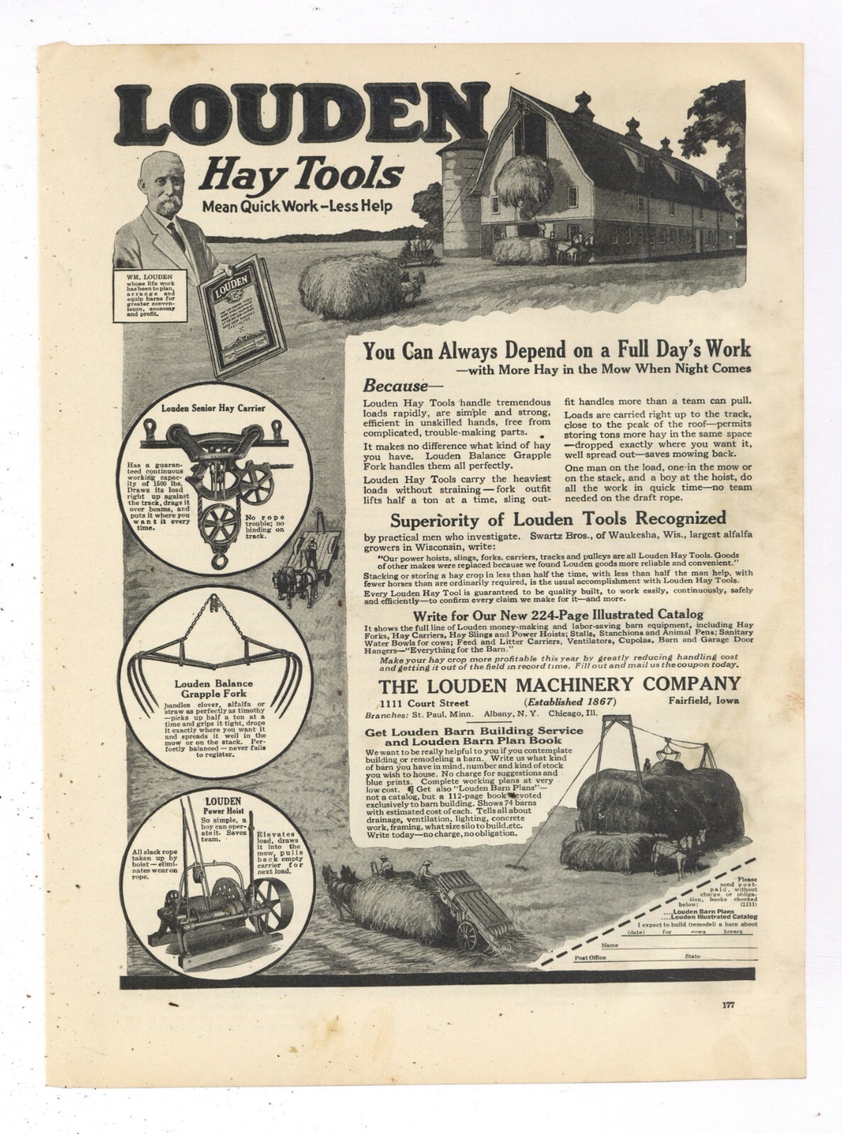 1919 Louden Machinery Co. Ad: Hay Carrier, Grapple Fork, Power Hoist – Fairfield