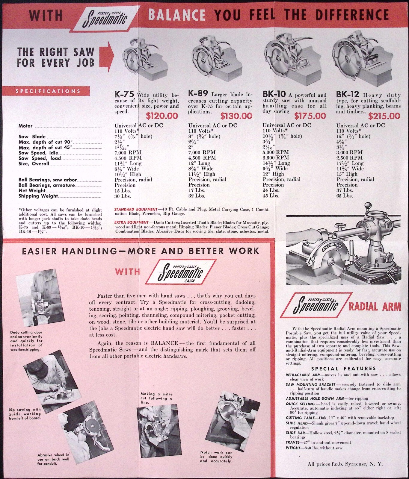 1954 Porter Cable Speedmatic Saws4 Sizes Brochure Porter Cable Syracuse NY