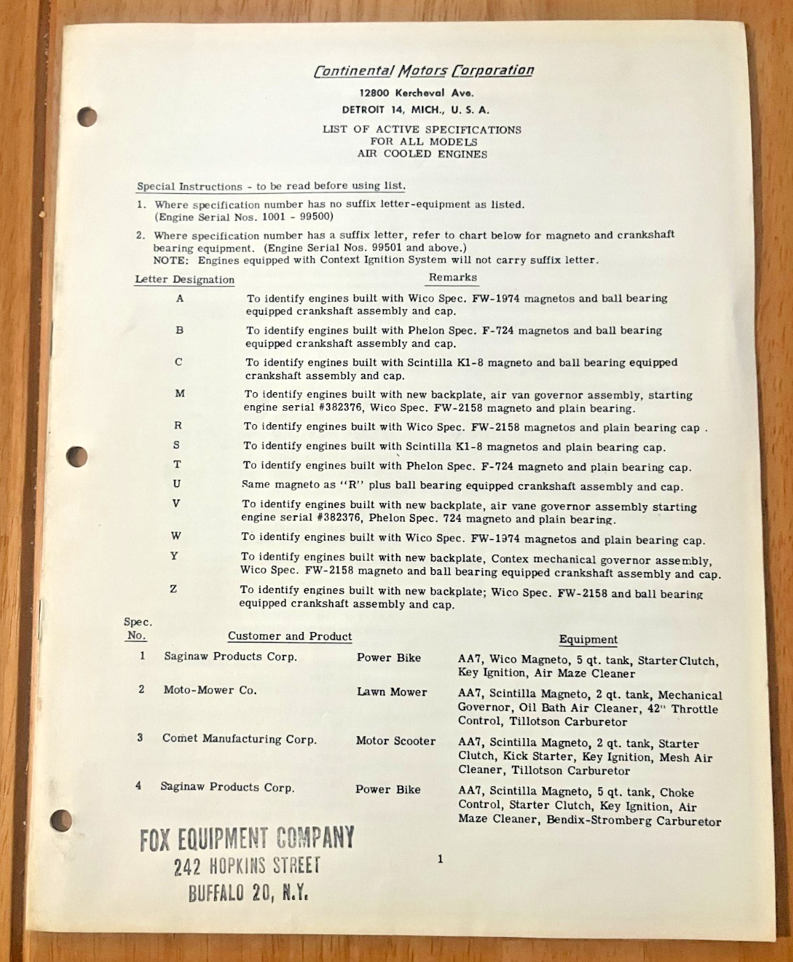 Continental Motors 1952 Customer list for engines lawn mowers tractors & more