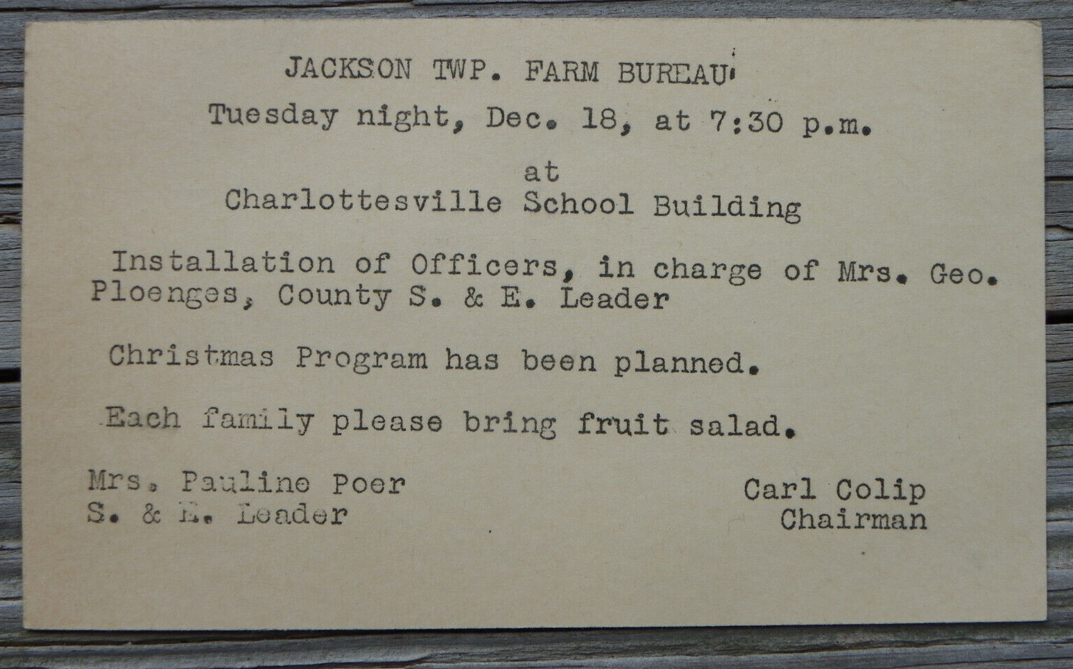 1945 Postcard-Jackson Twp Indiana Farm Bureau Officer Install-Christmas Program