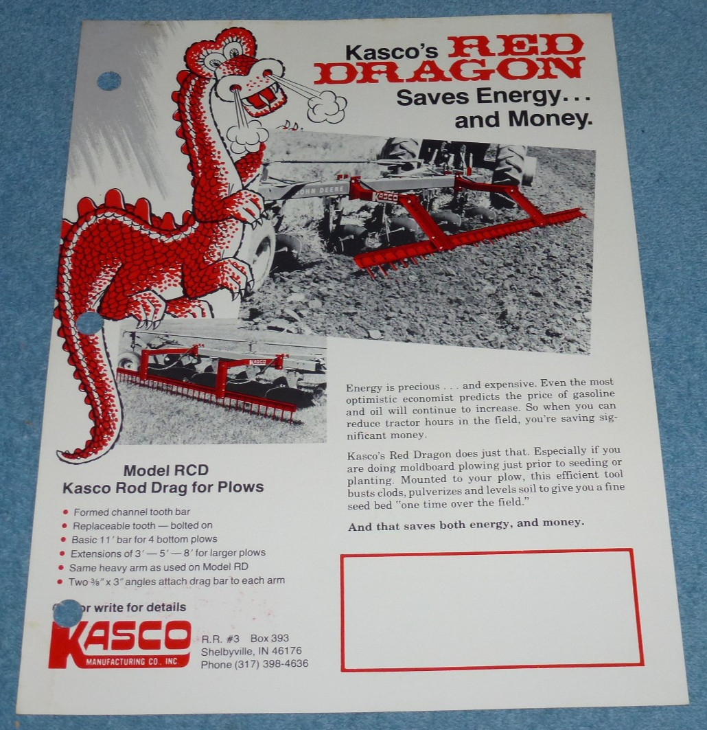 Vintage Kasco Mfg Co Red Dragon Rod Drag For Plows Farm Equipment Brochure Sheet