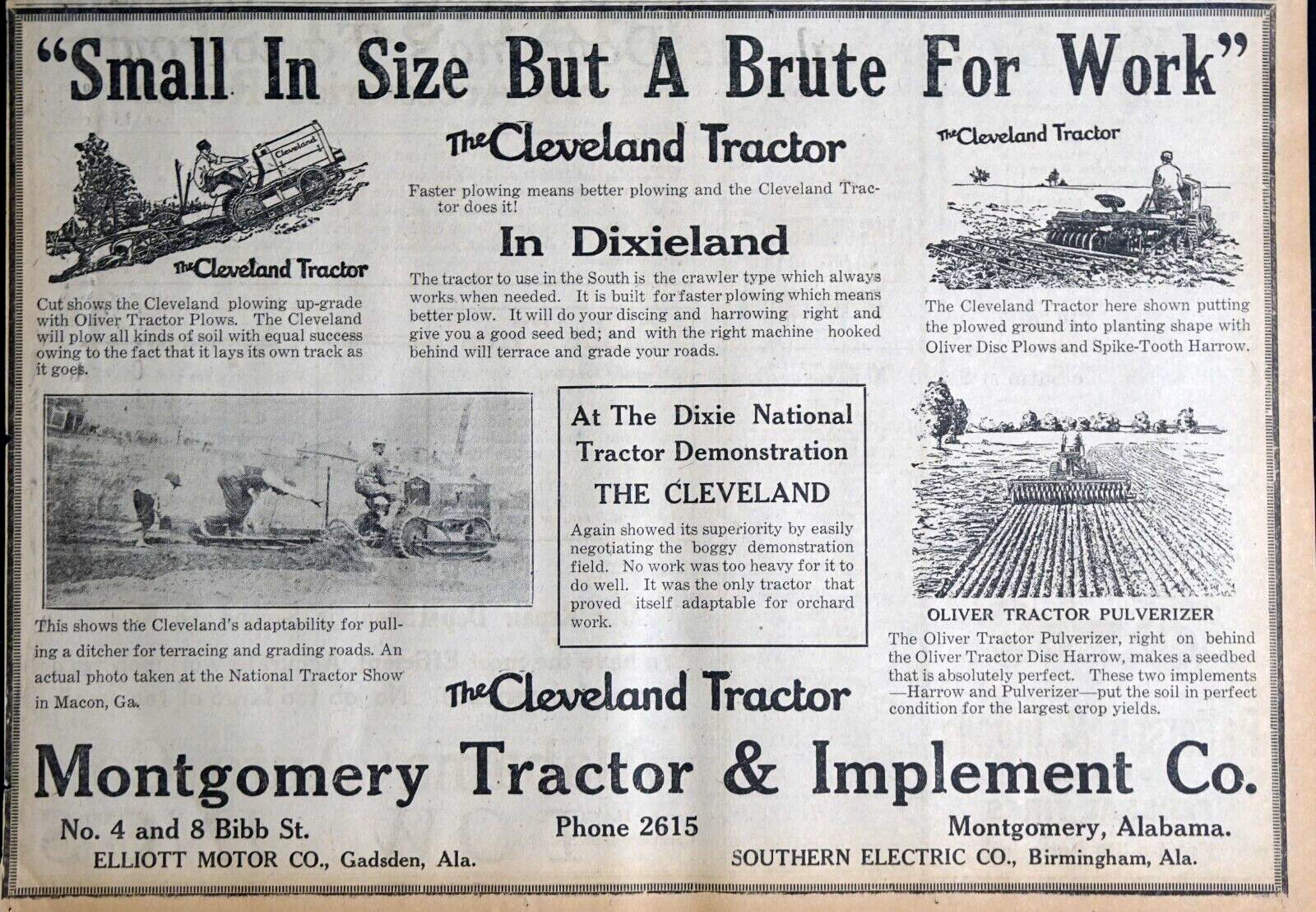 1919 Montgomery Alabama Newspaper Page – Large Cleveland Tractor Ad