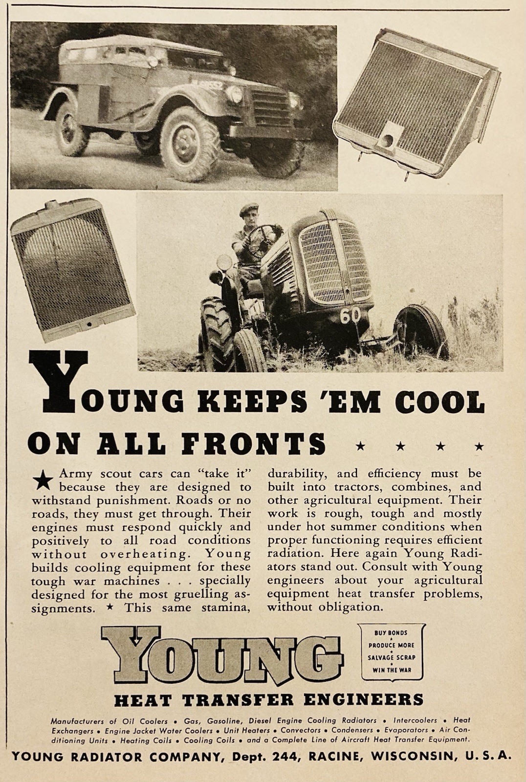 1944 AD.(PC5)~YOUNG RADIATOR CO. RACINE, WIS. TRACTOR AND TRUCK RADIATORS