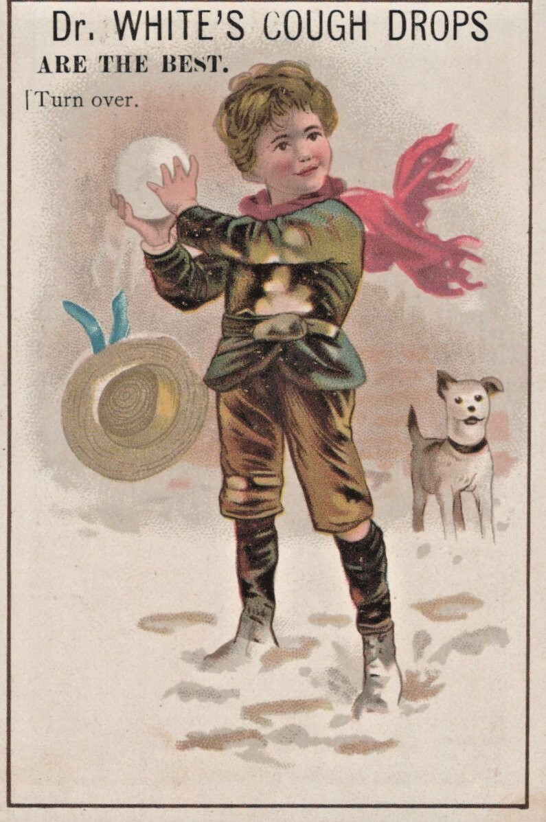 Dr Whites Cough Drops Boy in Snow with Puppy MFG Trade card A12Q