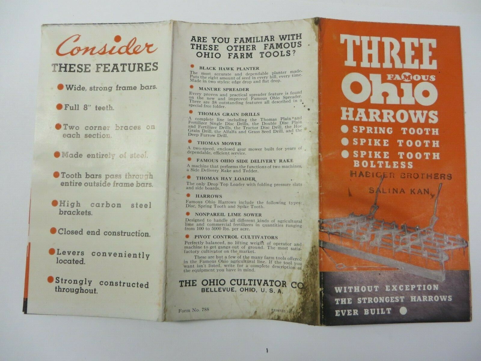 Vtg FAMOUS OHIO HARROWS Advertising Ohio Cultivator Salina, KS Habiger Brothers