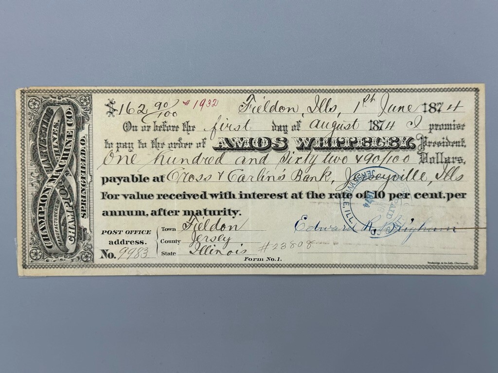 1874 CHAMPION Machinery FARM Promissory Note SPRINGFIELD OH Antique Advertising