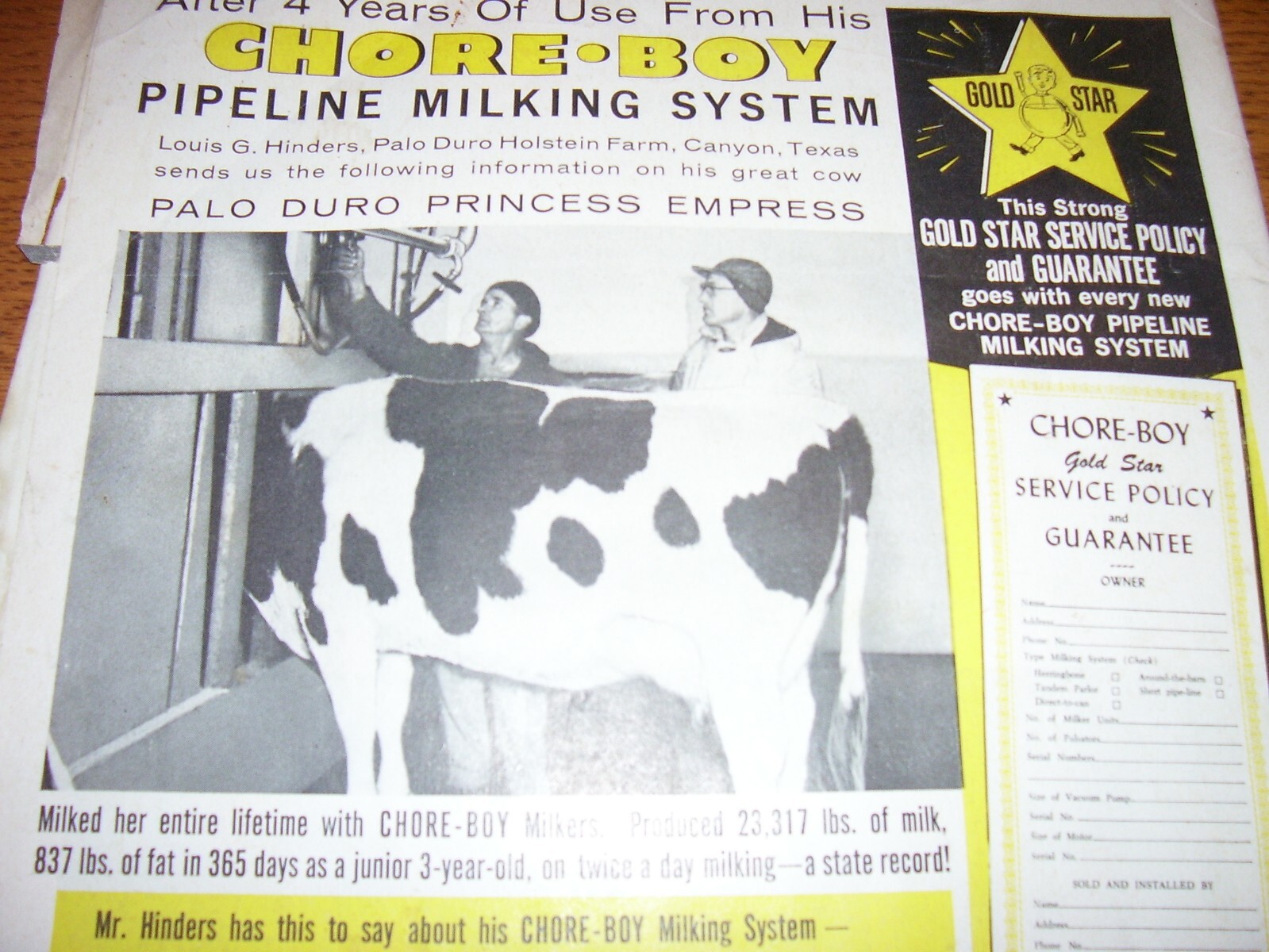 VINTAGE CHORE-BOY MFG CO ADVERTISING-PIPELINE MILKER SYSTEM -10&Prime; x 14&Prime; -1960